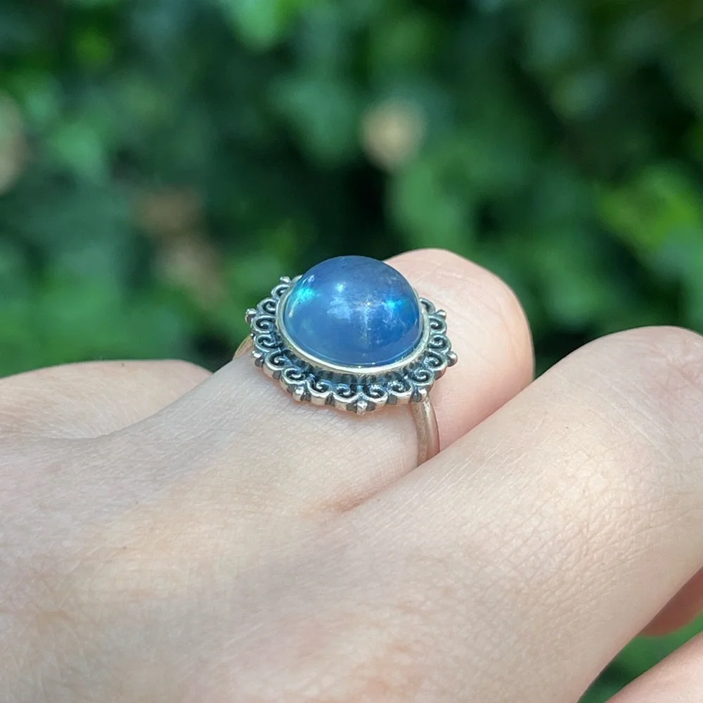 Sterling silver 925‎ stamped adjustable round aquamarine ring 0131